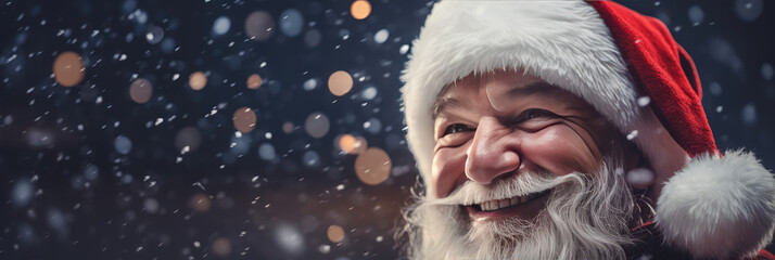 santa claus is smiling with a snowy background