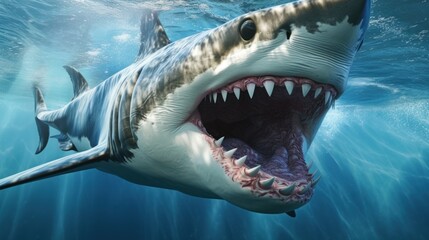 A great white shark with its mouth open in the water