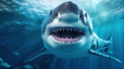 A great white shark with its mouth open in the water - Powered by Adobe