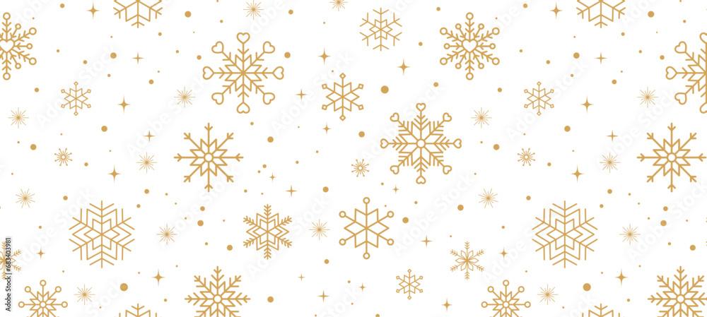 Poster Christmas vector background seamless pattern with gold snowflakes and stars isolated on transparent background.