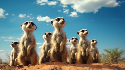 Baby meerkats standing upright, their tiny paws on their bellies, gazing at the vast African savannah stretching out before them, with a brilliant blue sky overhead.