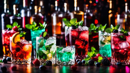 Many different refreshing colorful fruit cocktails with ice, lemon, mint and berries on a bar counter, night club party with soft drinks