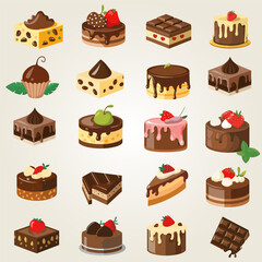 Set flat icons of colorful chocolate desserts and candies Isolated on white Background