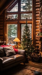 Log house decorated for Christmas. Cozy interior