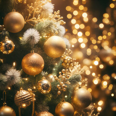 Obraz na płótnie Canvas Close up Decorated Christmas Tree with Golden Balls