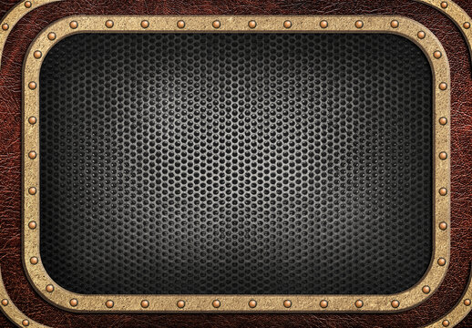 steampunk style metal plaque in brass frame with rivets on leath