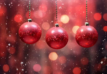 Fototapeta na wymiar Close-up photo of pink shiny glass christmas baubles against blurred sequin background with a garland and snowfall. Merry Christmas and happy New Year cozy seasonal concept.