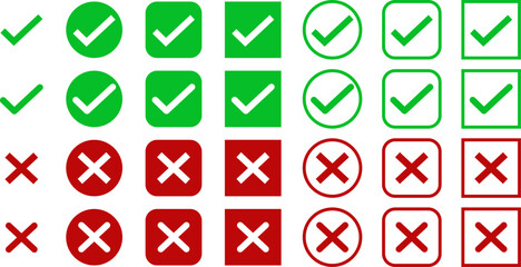 Checkbox icons set. Green check mark and red cross mark vector illustration. Checkbox circle, rounded and square icon set collection. Checklist symbols. Positive and negative buttons.
