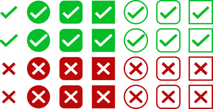 Checkbox icons set. Green check mark and red cross mark vector illustration. Checkbox circle, rounded and square icon set collection. Checklist symbols. Positive and negative buttons.