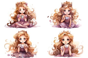cartoon illustration of young pretty fairytale princess drinking hot coffee, character collection set, Generative Ai