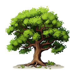 A cartoon depiction of a grand oak tree with a wide canopy and strong trunk.