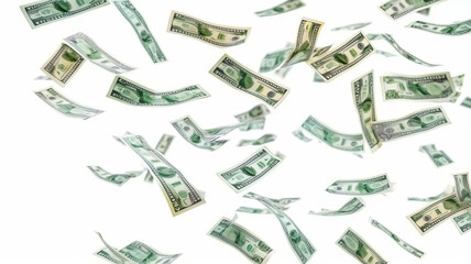 Flying 100 American dollars banknotes, isolated on white background generative ai