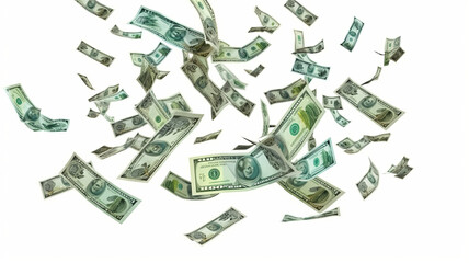 Flying 100 American dollars banknotes, isolated on white background generative ai