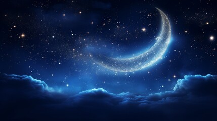 Obraz na płótnie Canvas A deep blue nocturnal sky, with a crescent moon nestled amid a sprinkling of stars.