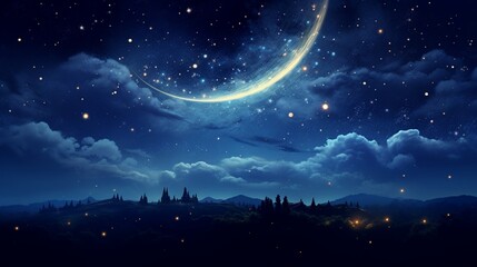 Fototapeta na wymiar A deep blue nocturnal sky, with a crescent moon nestled amid a sprinkling of stars.