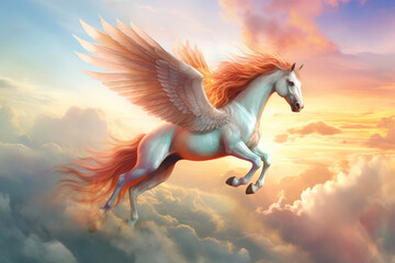 Skyborne Elegance: Enchanting Pegasus Above Cloudscapes