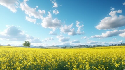 Sunlight and scattered clouds above a blooming canola paddock .