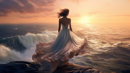 A scene of a woman in a diaphanous, off-shoulder gown, standing on a cliff overlooking the ocean at sunset, with the dress's light fabric billowing in the sea breeze.