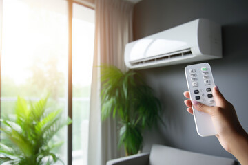 Air Conditioning Management: Hand Holding Remote Control Indoors - obrazy, fototapety, plakaty