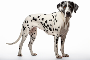 Dalmatian dog standing on a white background. Animal right-side portrait.