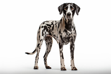 Dalmatian dog standing on a white background. Animal right-side portrait.