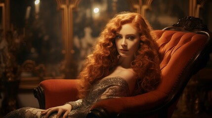 A snapshot of sleek, auburn waves of hair, cascading over a vintage, ornate chair. The warm, ambient lighting emphasizes the hair's rich tones and the intricate woodwork's craftsmanship. - obrazy, fototapety, plakaty