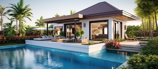 Fototapeta na wymiar Tropical pool villa exterior design with lush garden