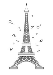 Coloring page for kids with Eiffel tower.
A printable worksheet, vector illustration.
