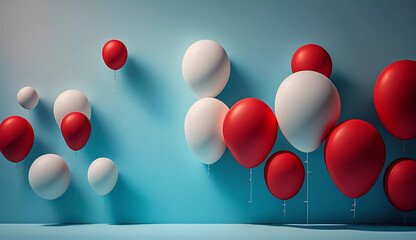 A row of red and white balloons floating in the air on a blue background with a shadow of the balloons