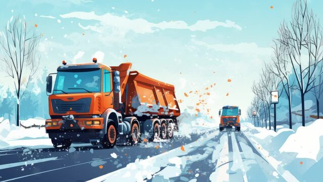 Winter snow Snow plow clearing road after winter snow storm. Illustration - Still Image Animation, with video effects - Seamless loop animation - Created using AI Generative Technology
