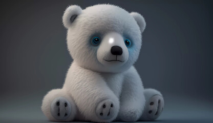 A white stuffed animal with blue eyes sitting down on a gray background with a blue background behind it and a blue background behind it