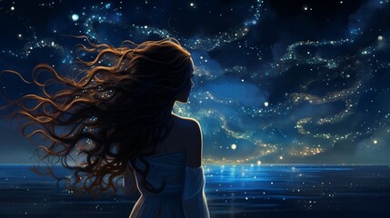 A surreal scene where wavy hair merges with a starry night sky. Each strand twinkles like a constellation, creating a bridge between the earthly and the celestial.