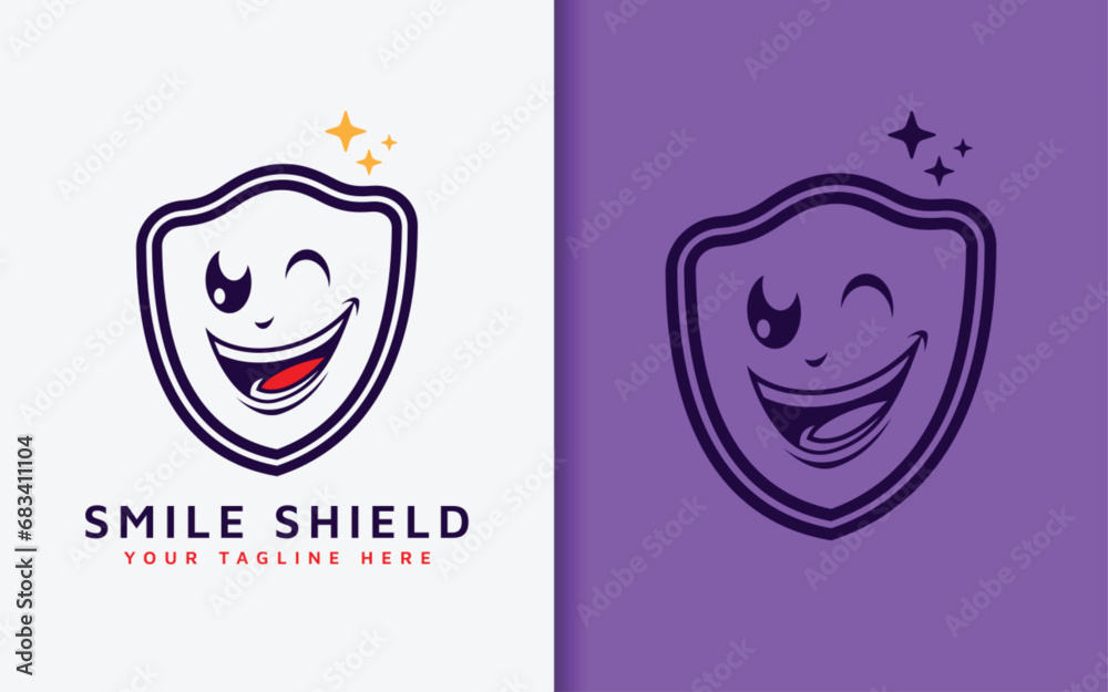 Poster smile shield logo design. abstract minimalist shield emblem combined with smiling face concept desig