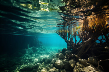 Caribbean mangroves, roots embraced by sea sponges Generative ai - obrazy, fototapety, plakaty