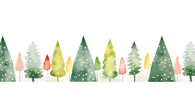 Seamless Christmas tree border as banner. Watercolor decorative painted pattern