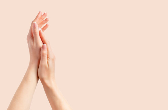 Sensual female hands applying spa treatment. Skin care, cosmetology. Copy space