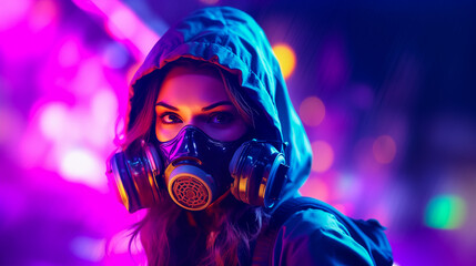 Hooded Cyberpunk Woman in Gas Mask on Vibrant Neon Light Background.