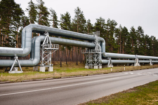 pipeline in general shot, in the foreground there is a road, in the background there is a forest and a gray sky
