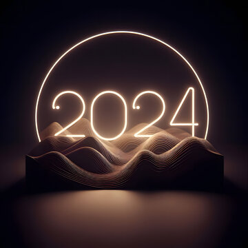 Glowing neon numbers in a circle with sand dunes on a dark background. New Year 2024 concept, generative ai