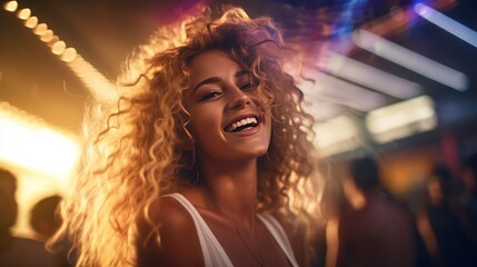 Portrait of happy beautiful young white woman with  curly blonde hair in dance movement at beach disco bar. Summer vacation, holiday, happiness, music concept generative ai - obrazy, fototapety, plakaty