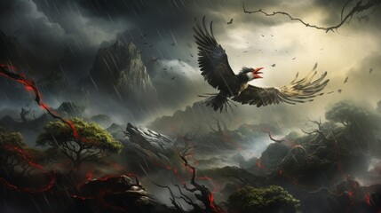 A dramatic scene of a storm brewing in the background, with a determined crown bird fighting against the gusty winds.