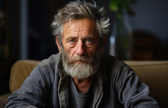 A contemplative image of an elderly sad man, sitting on a couch in a living room.