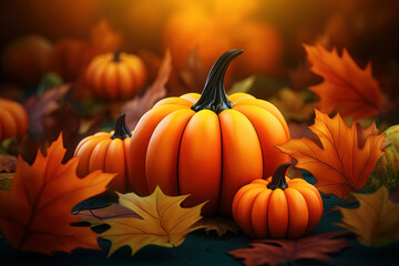 Naklejka na ściany i meble Pumpkin in a field with maple leaves, autumn orange and green leaves, and an oil painting bokeh background. Thanksgiving and Halloween concept. 3D illustration
