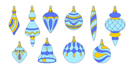 Colorful Christmas set, Christmas tree decorations and balls. Blue, yellow.