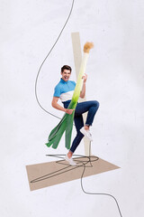 Mockup collage artwork illustration of crazy man holding fresh vitamins onion vegetable preparing...