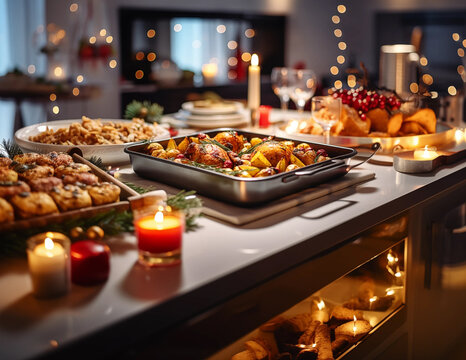 Huhn und Kartoffeln Pfannengerichte in weihnachtlicher K&uuml;che 