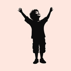 Silhouette funny happy kid playing outside, boy raising hands, fun and happy life concept, vector illustration isolated