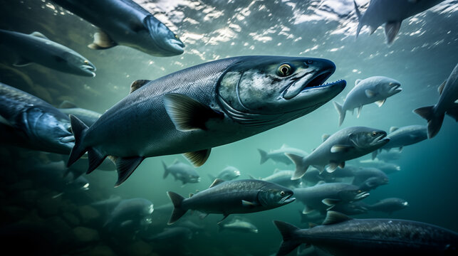 Shoal of salmon. illustration of salmon swimming in the sea