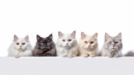 Five fluffy cats on a white background.