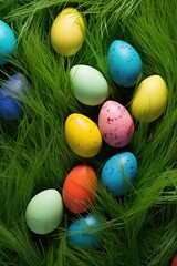 Fototapeta na wymiar Colorful easter eggs in grass. Happy easter background.